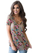 Coffee Super Soft Floral Tee Shirt with Crisscross Neck